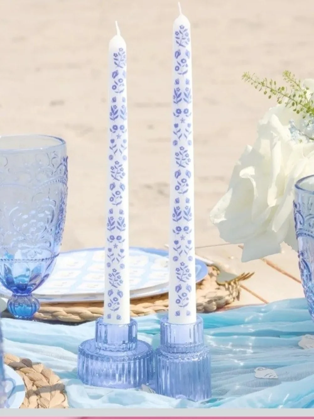 Fetti Blue Coastal Taper Candles Set of 2 White Floral Nautical Beach Decor